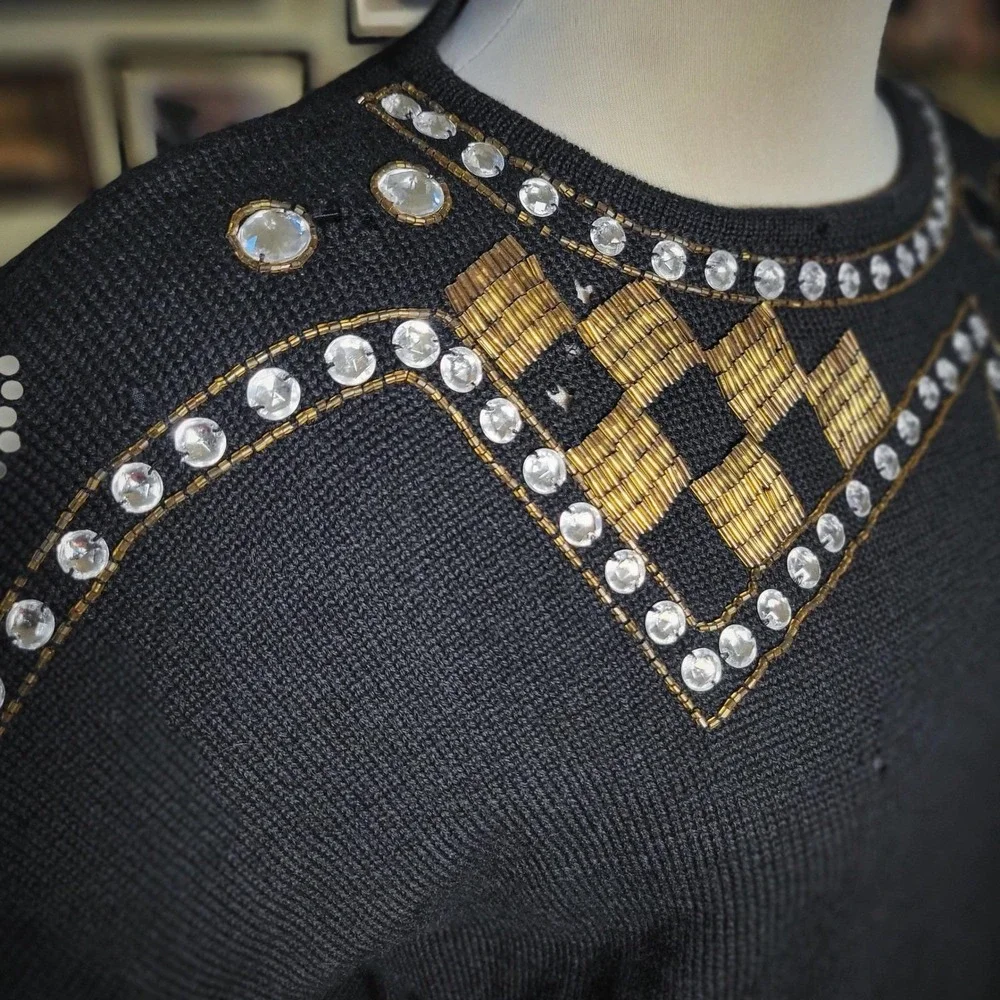 Cervelle Wool Sweater Vintage 80s Beaded Embellished Black Knit Top Large‎ 6470C
